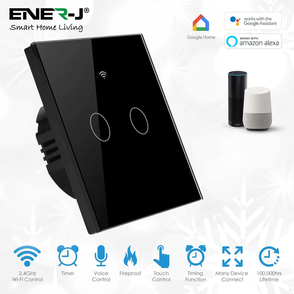 2 Gang Smart Touch Switch with Timer, Black Body APP & Voice Control, Smart Alexa Light Switch Works with Amazon and Google Home, No Neutral Required