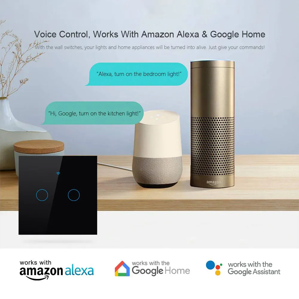 2 Gang Smart Touch Switch with Timer, Black Body APP & Voice Control, Smart Alexa Light Switch Works with Amazon and Google Home, No Neutral Required