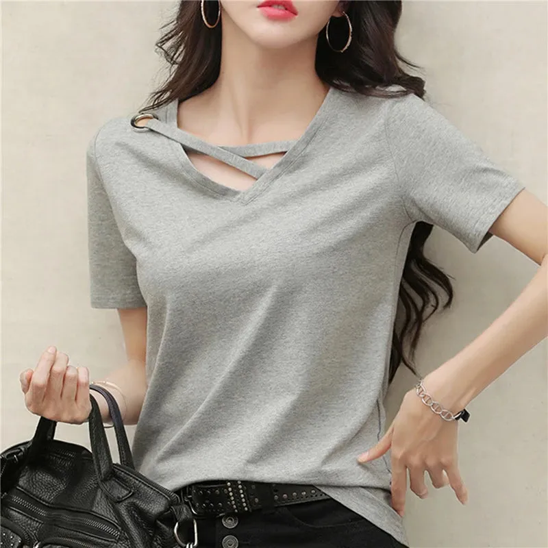 2023 Women Summer V-neck Loose Short Sleeve White T-shirt Women Korean Solid Color Tops Casual Compassionate Trend T Shirt