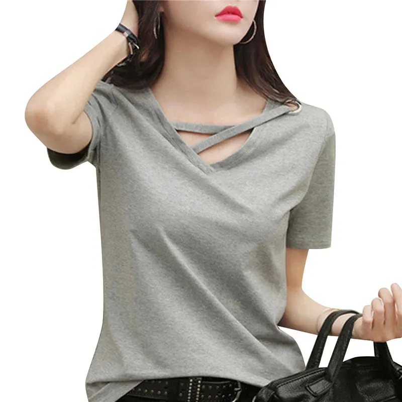 2023 Women Summer V-neck Loose Short Sleeve White T-shirt Women Korean Solid Color Tops Casual Compassionate Trend T Shirt