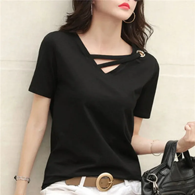 2023 Women Summer V-neck Loose Short Sleeve White T-shirt Women Korean Solid Color Tops Casual Compassionate Trend T Shirt