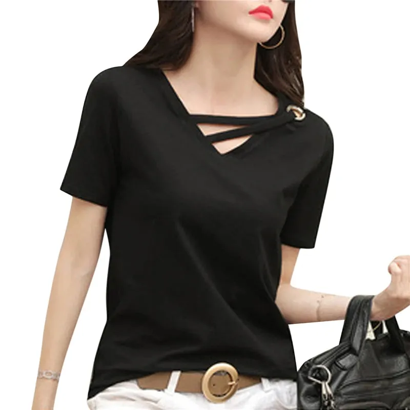 2023 Women Summer V-neck Loose Short Sleeve White T-shirt Women Korean Solid Color Tops Casual Compassionate Trend T Shirt