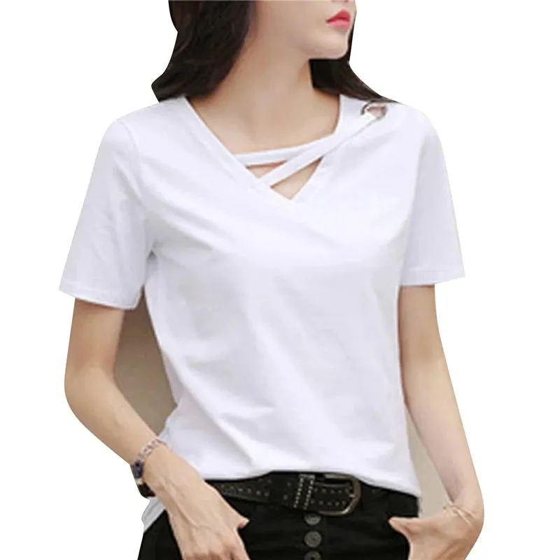 2023 Women Summer V-neck Loose Short Sleeve White T-shirt Women Korean Solid Color Tops Casual Compassionate Trend T Shirt