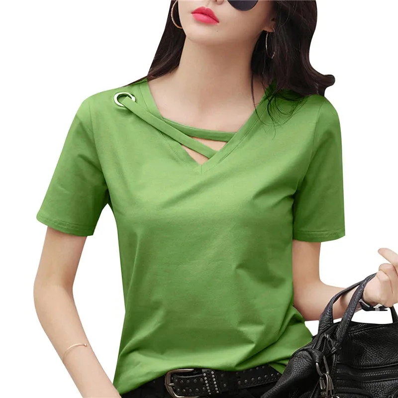 2023 Women Summer V-neck Loose Short Sleeve White T-shirt Women Korean Solid Color Tops Casual Compassionate Trend T Shirt