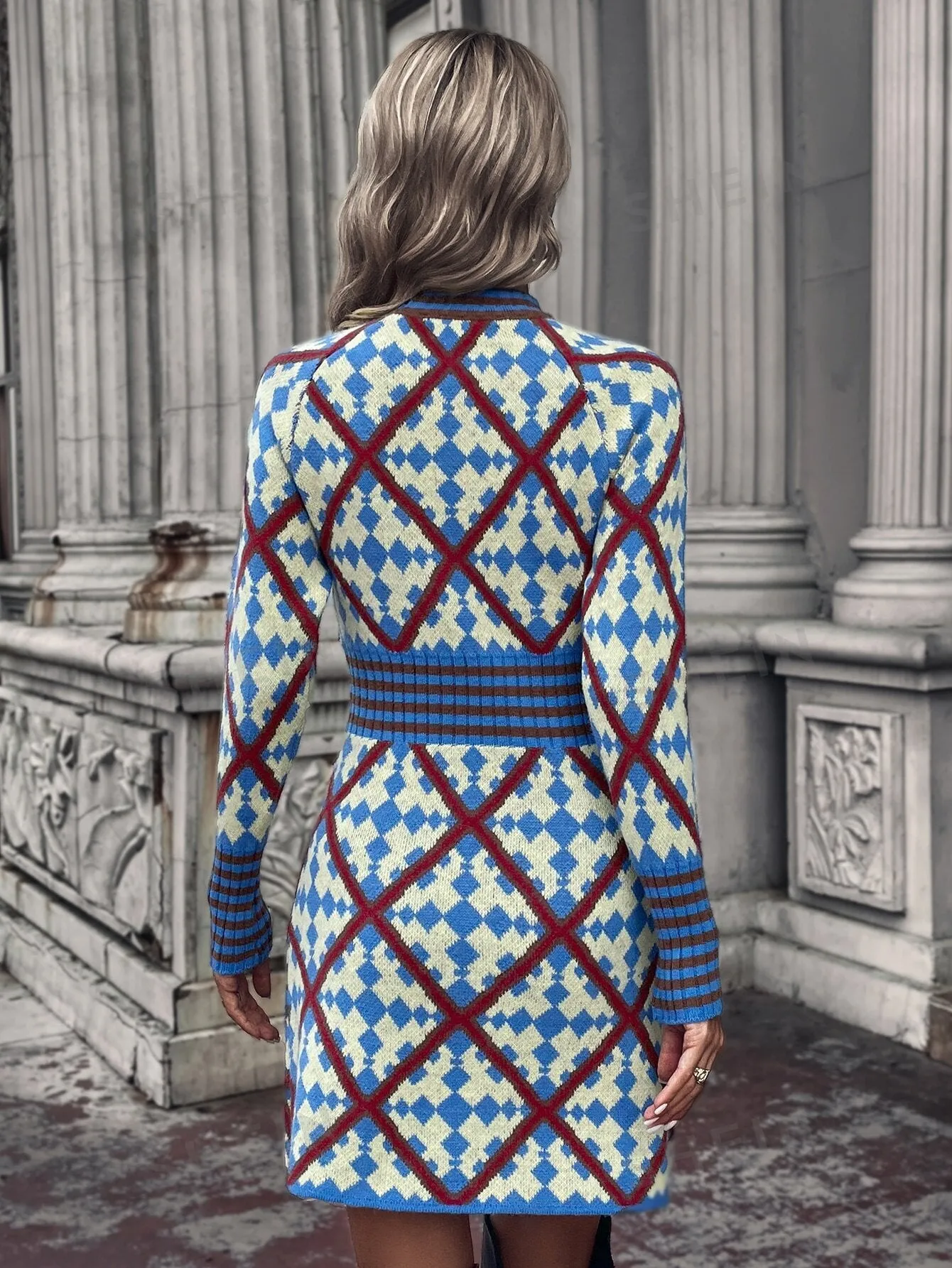 Argyle Pattern Mock Neck Sweater Dress