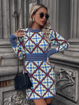 Argyle Pattern Mock Neck Sweater Dress