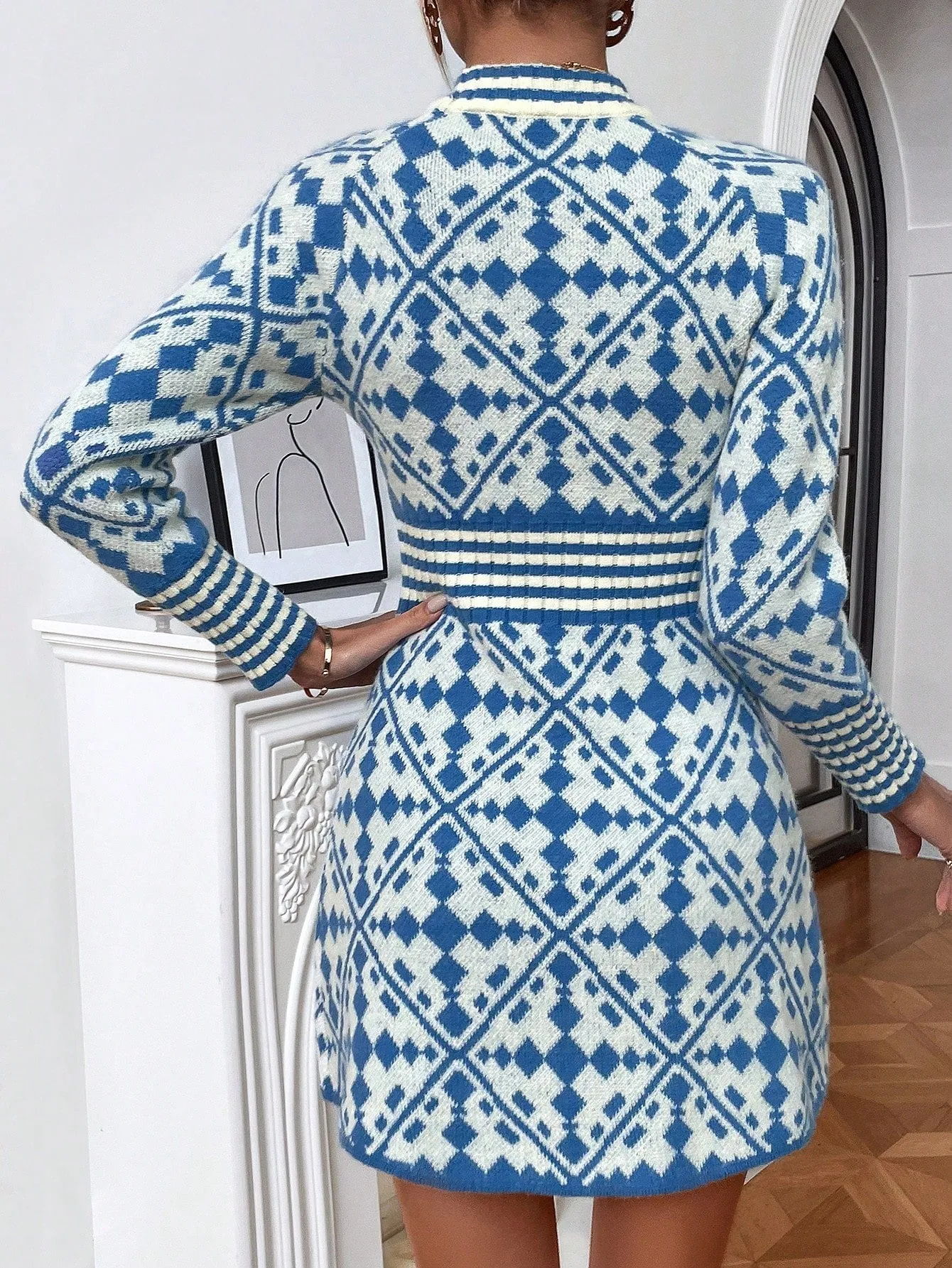 Argyle Pattern Mock Neck Sweater Dress