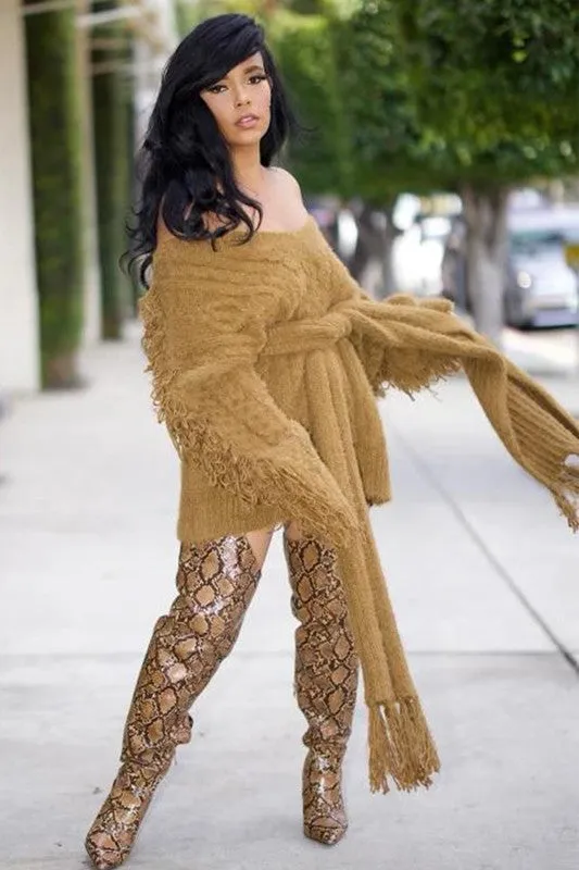 Chunky Knit Sweater Dress with Fringe