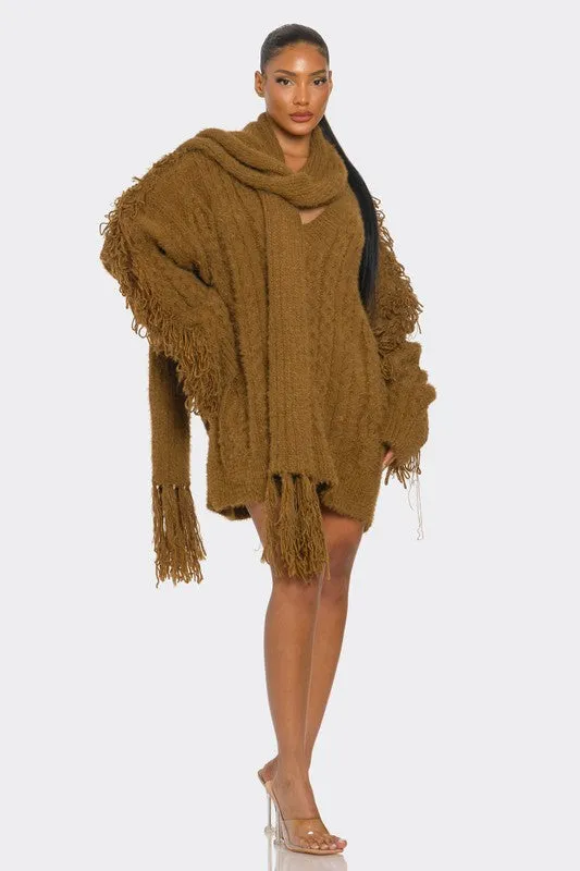 Chunky Knit Sweater Dress with Fringe