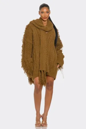 Chunky Knit Sweater Dress with Fringe