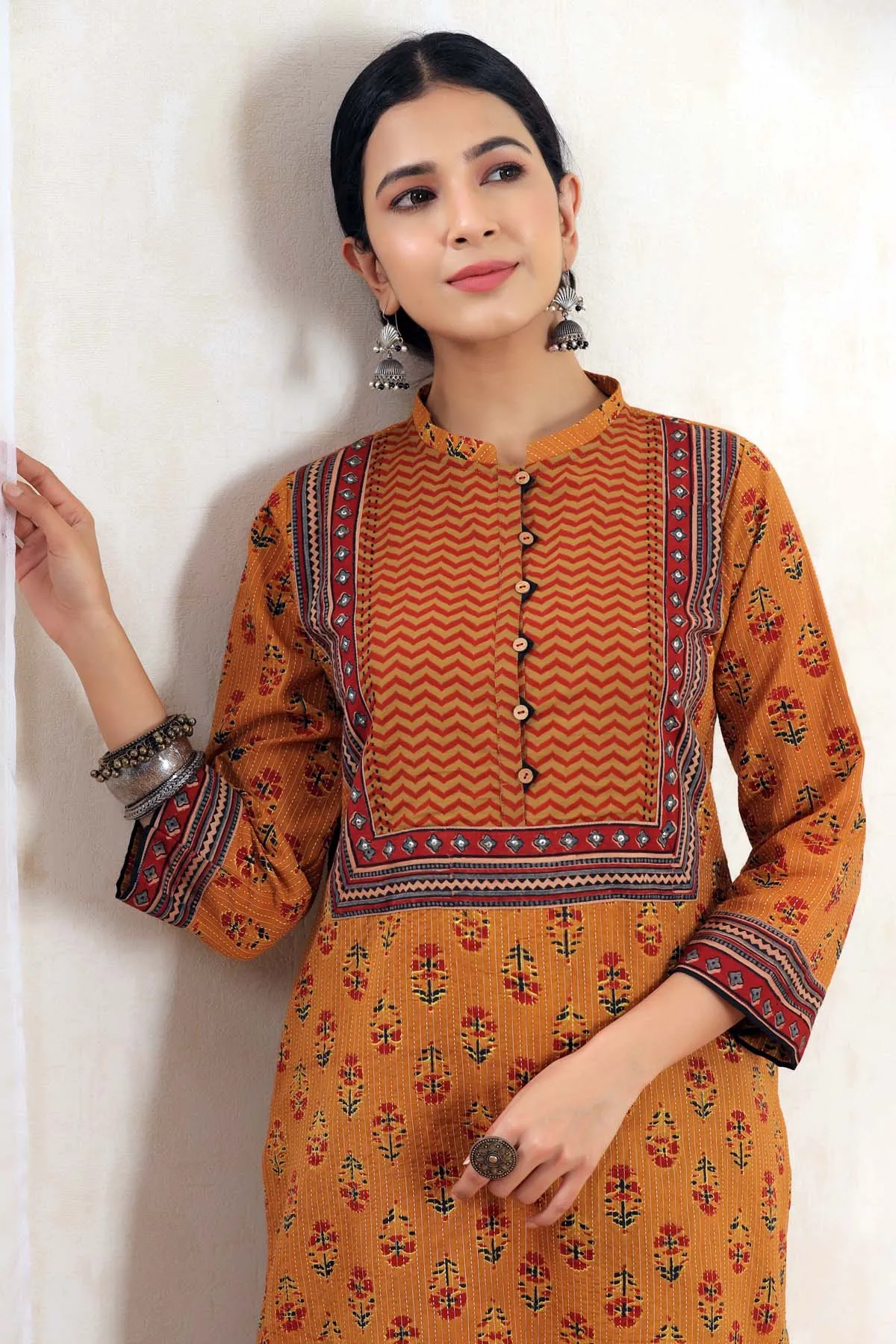 Dark Mustard Straight Fit Kurta In Kantha Print
