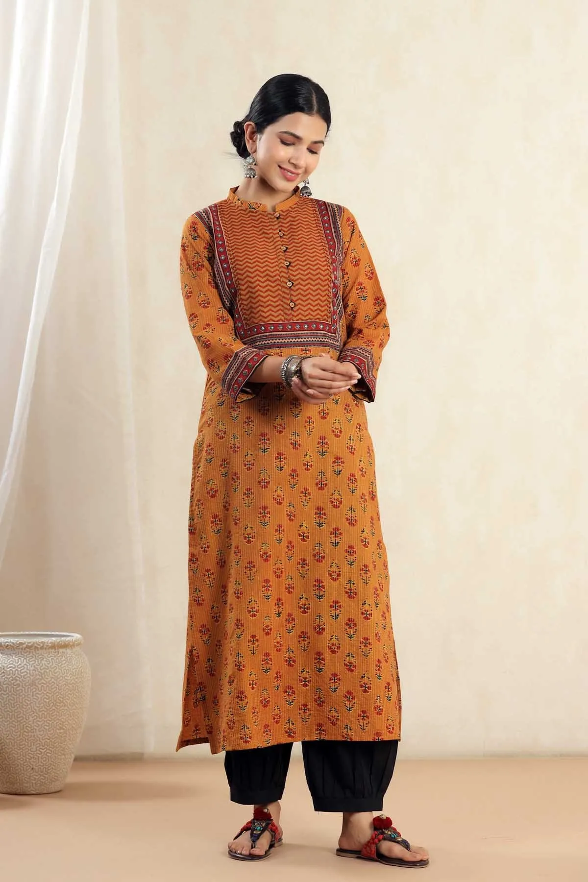 Dark Mustard Straight Fit Kurta In Kantha Print