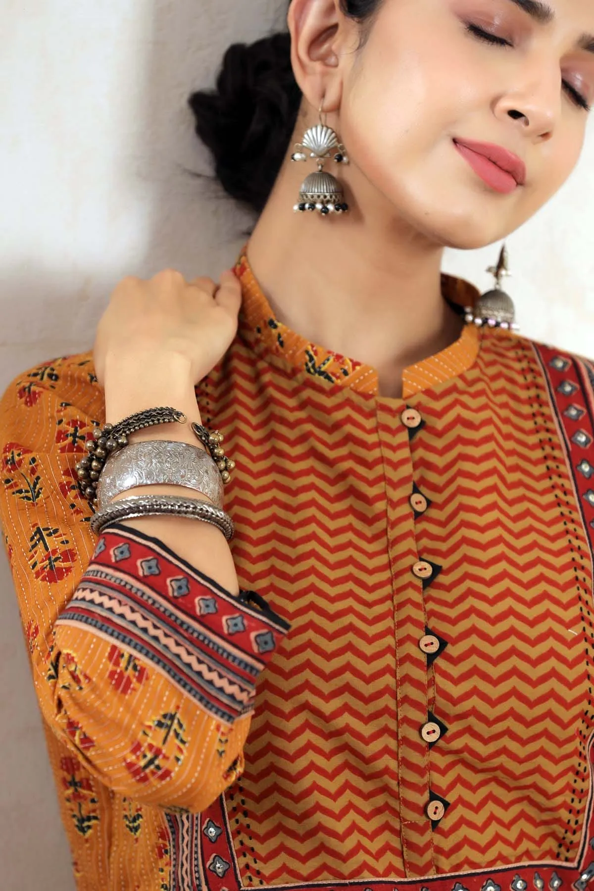 Dark Mustard Straight Fit Kurta In Kantha Print