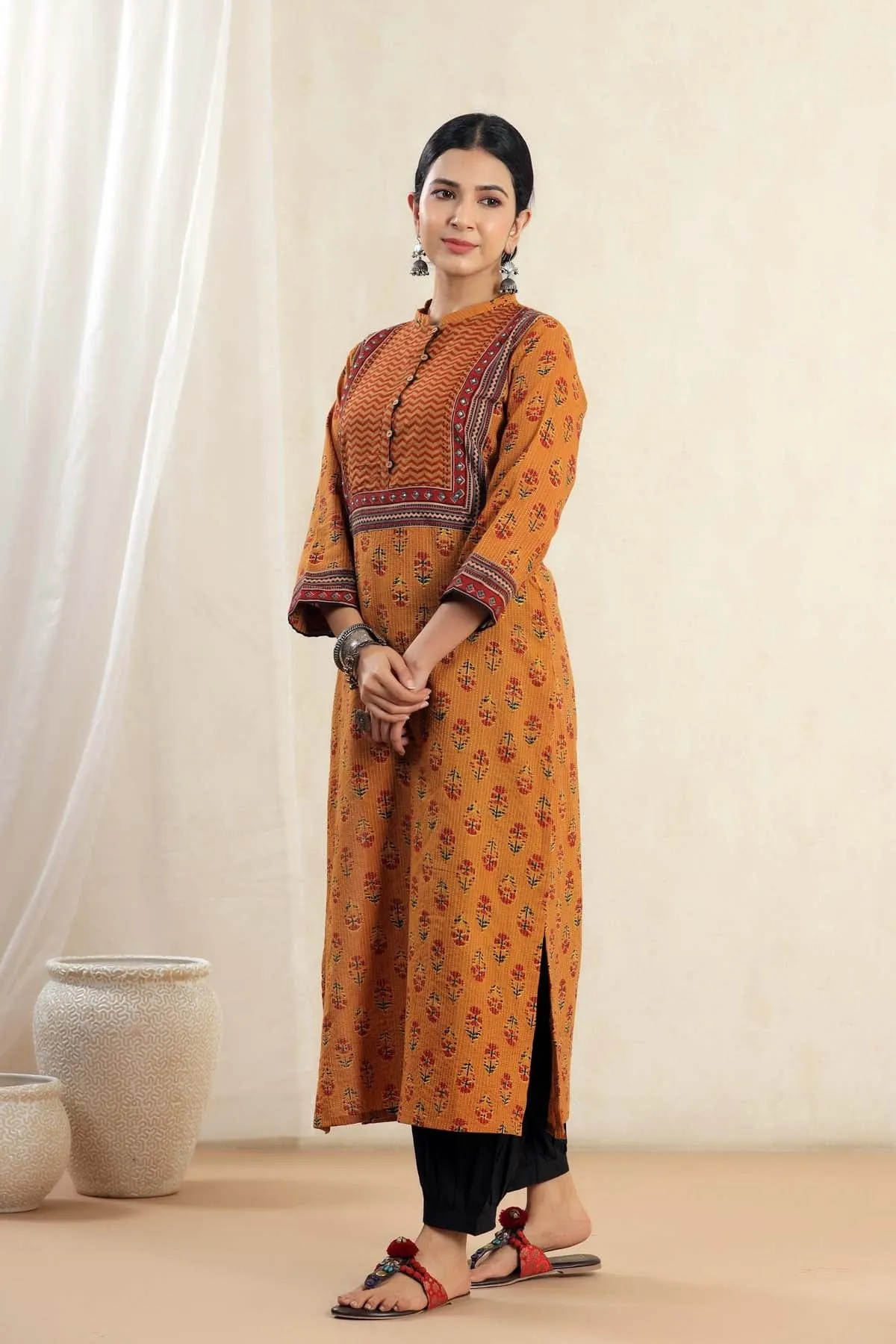 Dark Mustard Straight Fit Kurta In Kantha Print