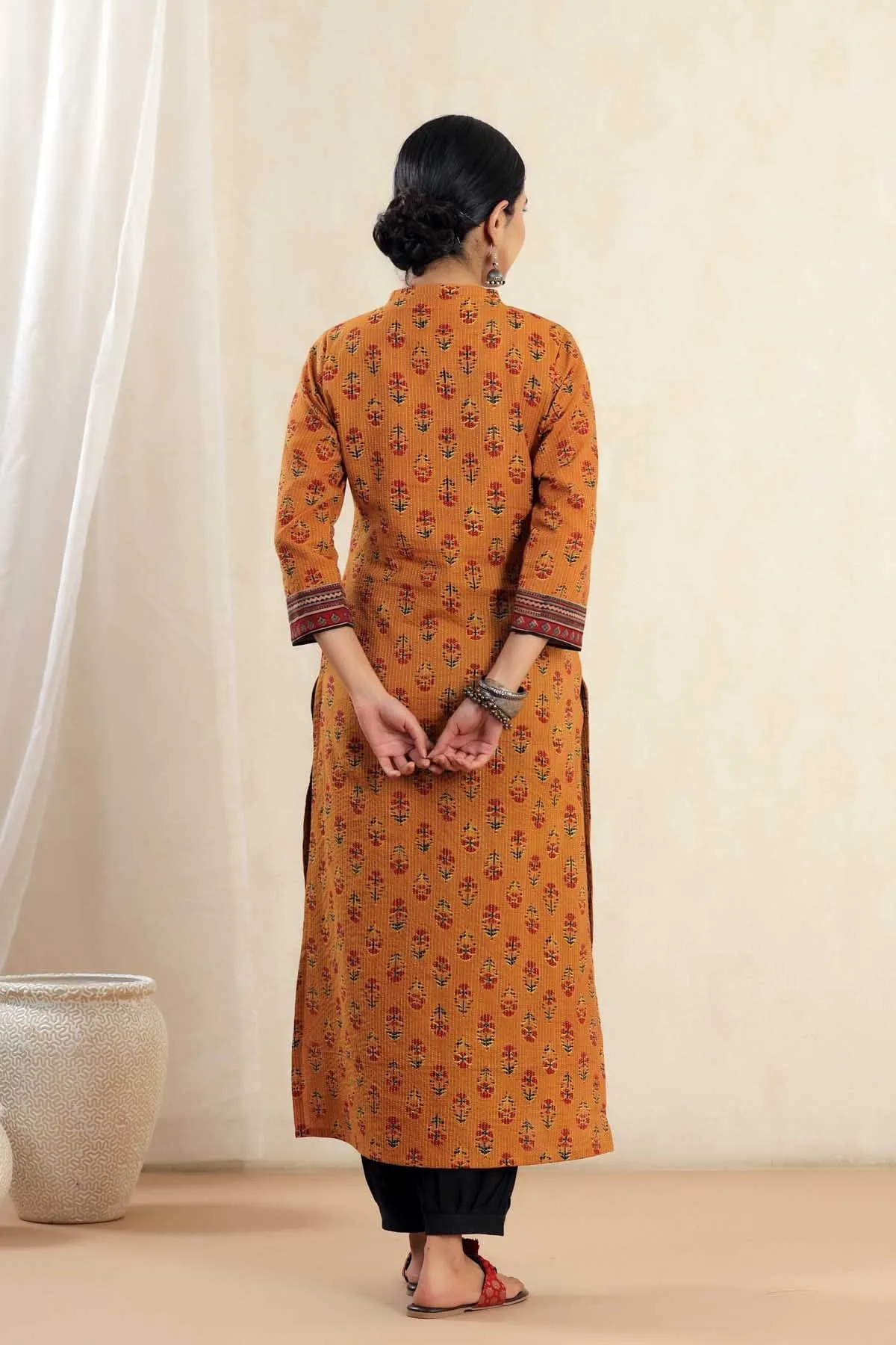Dark Mustard Straight Fit Kurta In Kantha Print