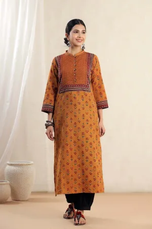 Dark Mustard Straight Fit Kurta In Kantha Print