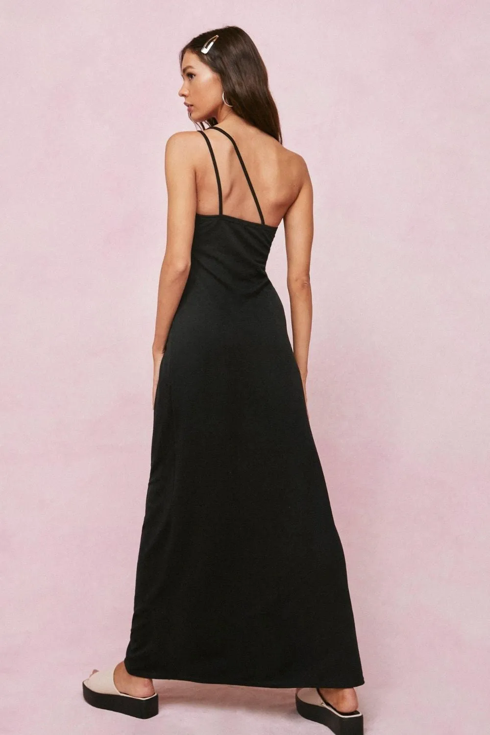 Double Strap One Shoulder Maxi Slip Dress