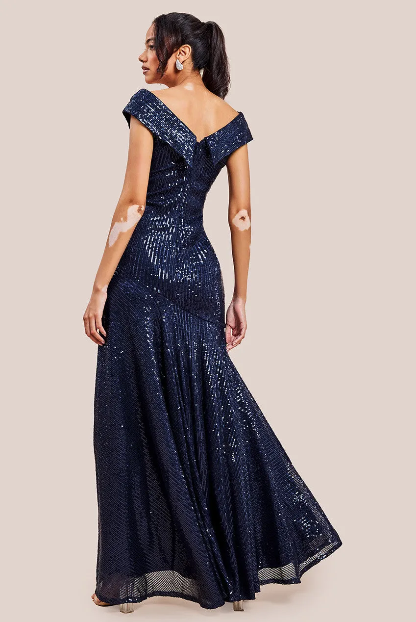 Goddiva Bardot Sequin Pleated Maxi Dress