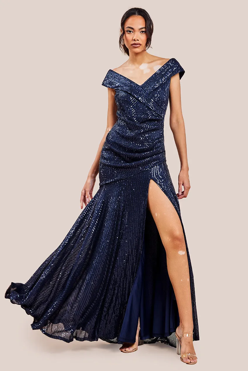 Goddiva Bardot Sequin Pleated Maxi Dress