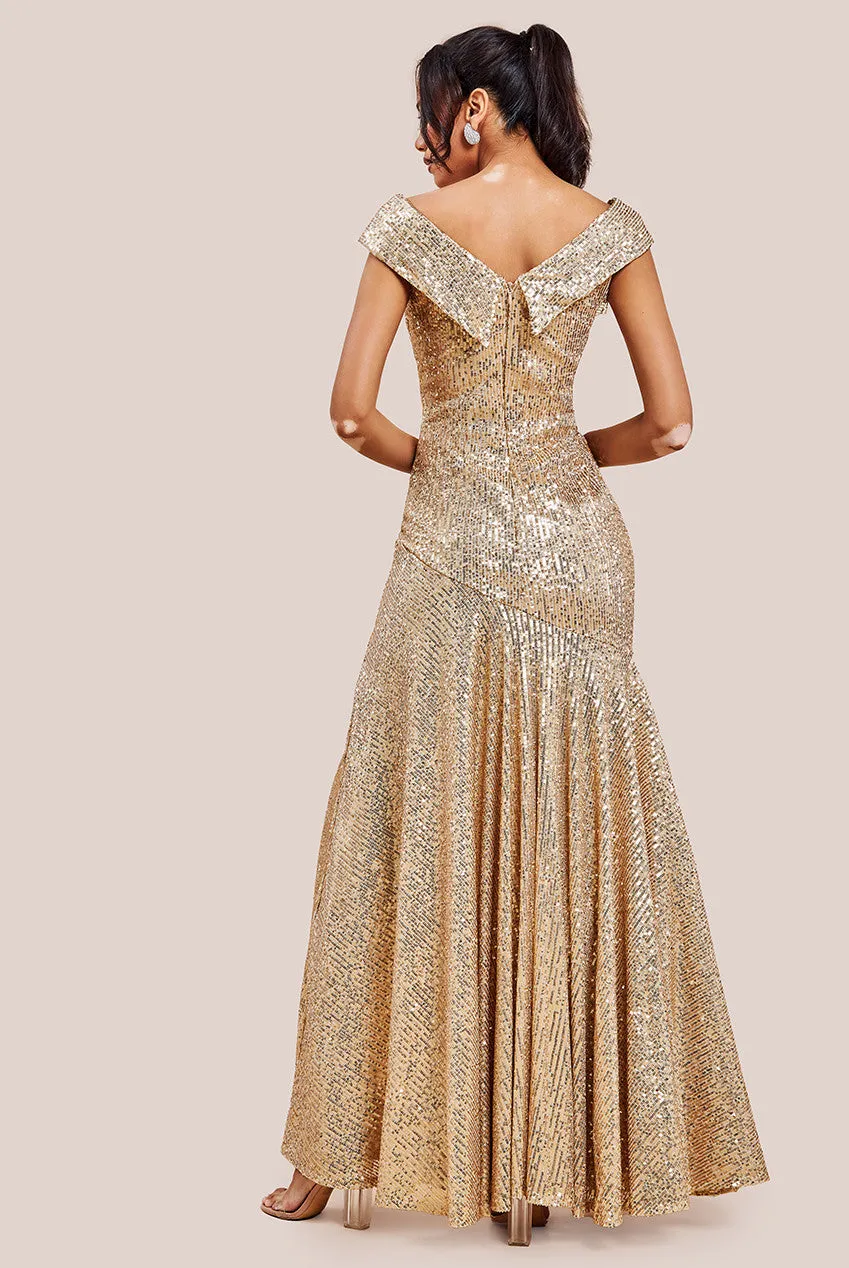 Goddiva Bardot Sequin Pleated Maxi Dress