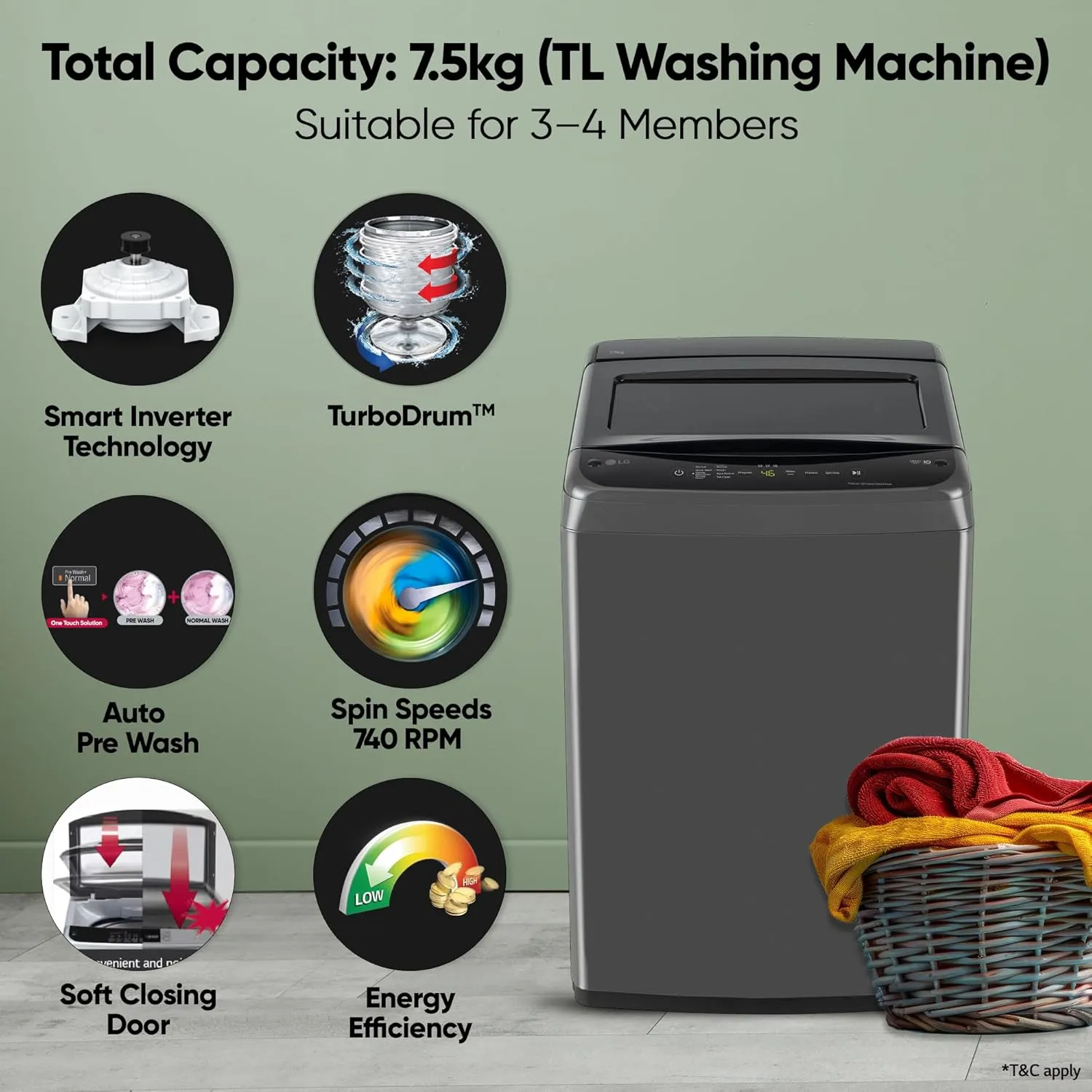 LG T75VBMB1Z 7.5 Kg 5 Star Smart Inverter Technology Fully Automatic Top Load Washing Machine (Auto Prewash, Turbodrum, Stainless Steel drum, LED Display, Smart Diagnosis, Middle Black)