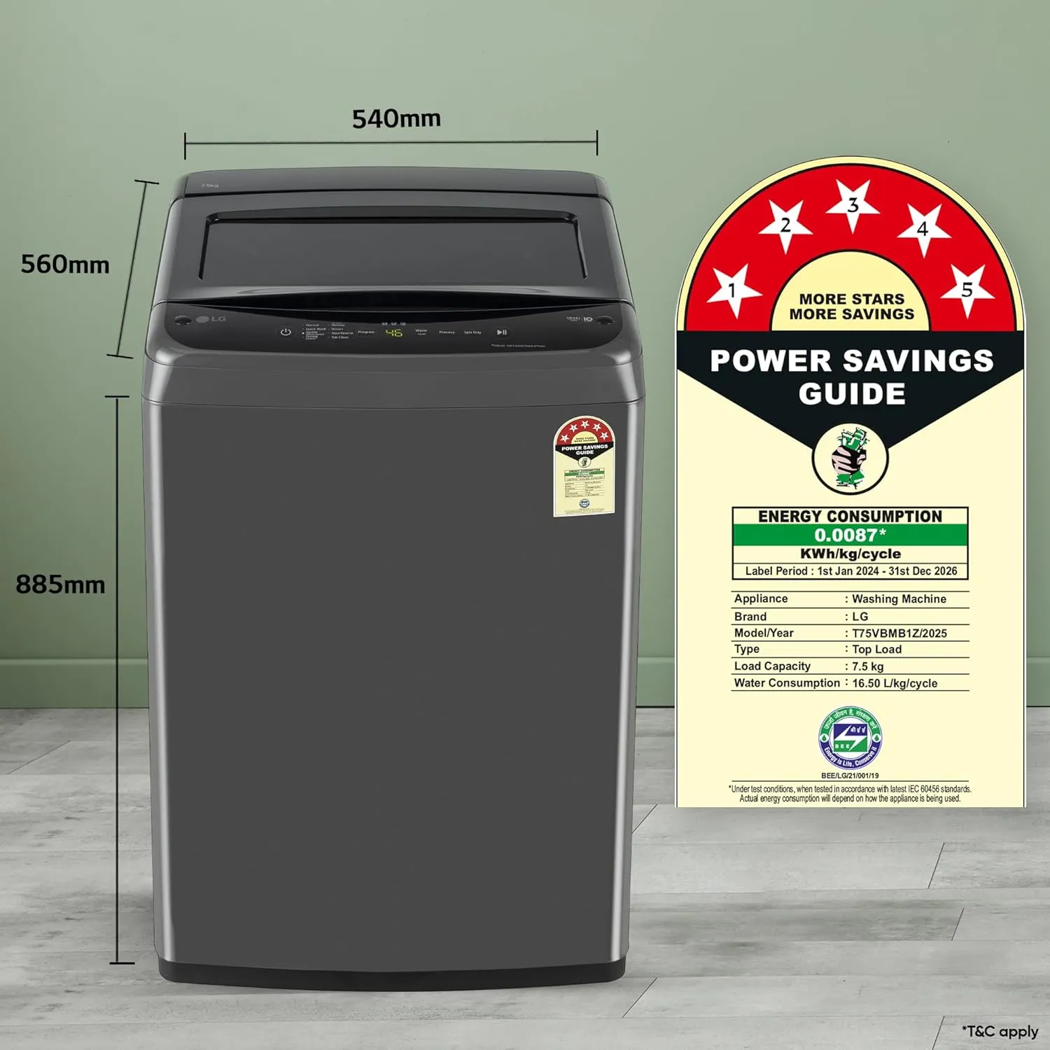 LG T75VBMB1Z 7.5 Kg 5 Star Smart Inverter Technology Fully Automatic Top Load Washing Machine (Auto Prewash, Turbodrum, Stainless Steel drum, LED Display, Smart Diagnosis, Middle Black)