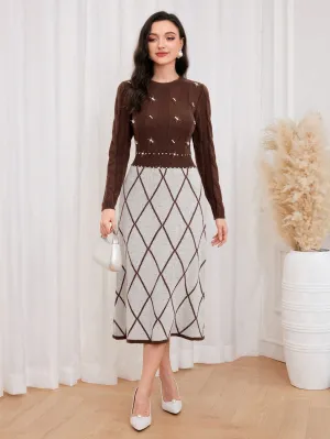 Modely Argyle Pattern Pearls Beaded Sweater Dress
