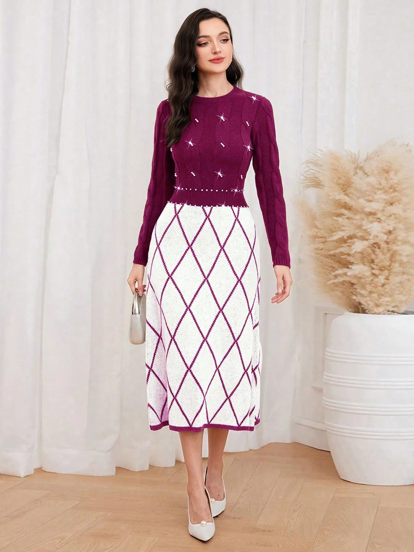 Modely Argyle Pattern Pearls Beaded Sweater Dress