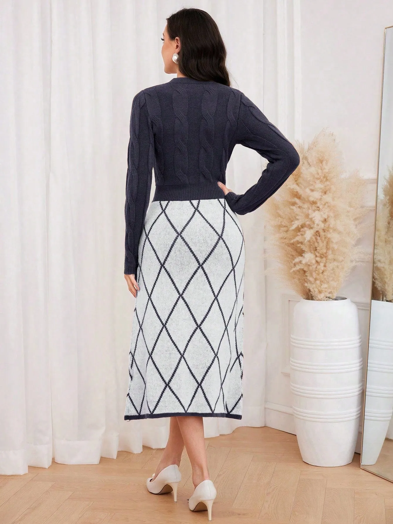Modely Argyle Pattern Pearls Beaded Sweater Dress