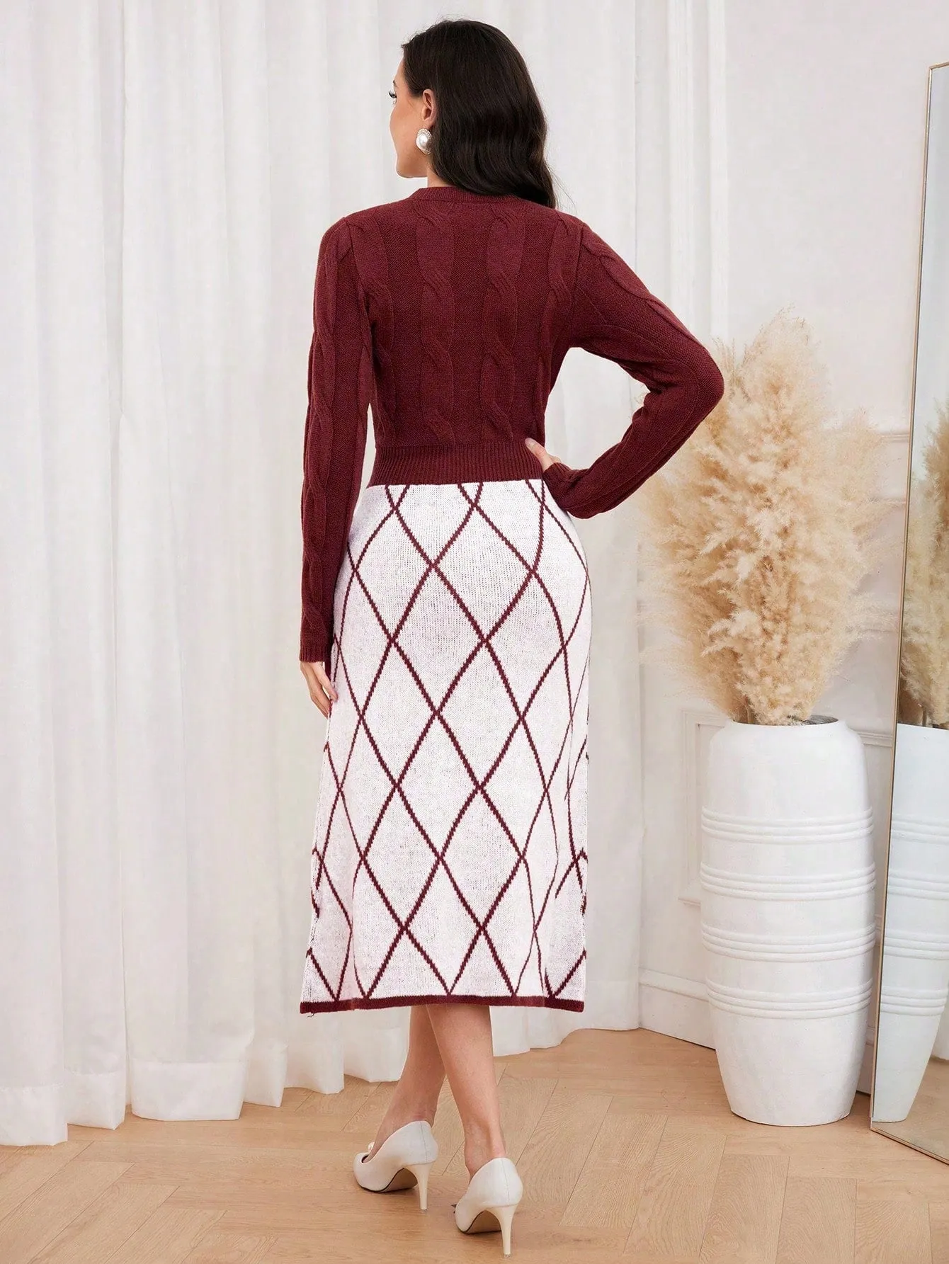 Modely Argyle Pattern Pearls Beaded Sweater Dress