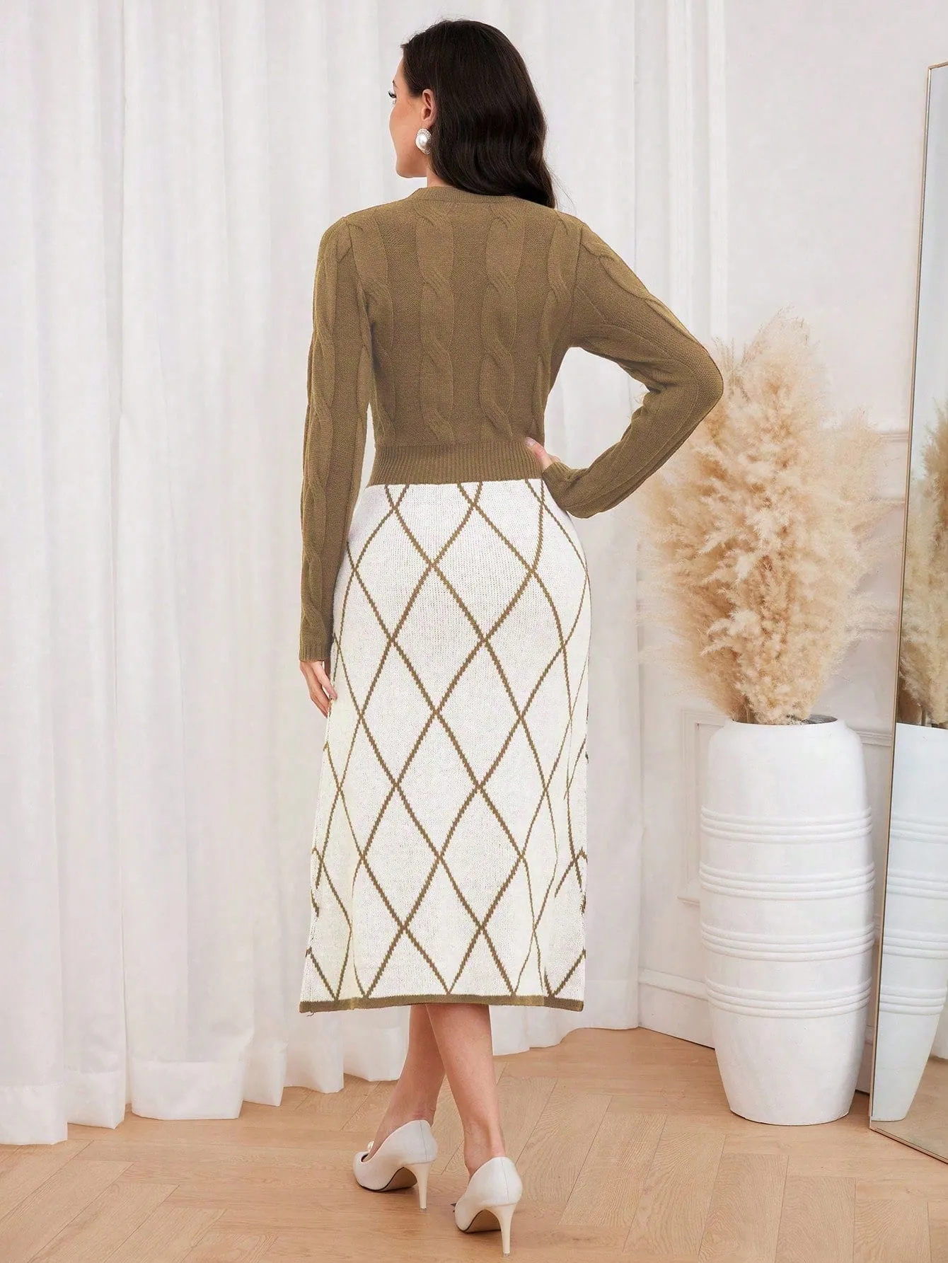 Modely Argyle Pattern Pearls Beaded Sweater Dress