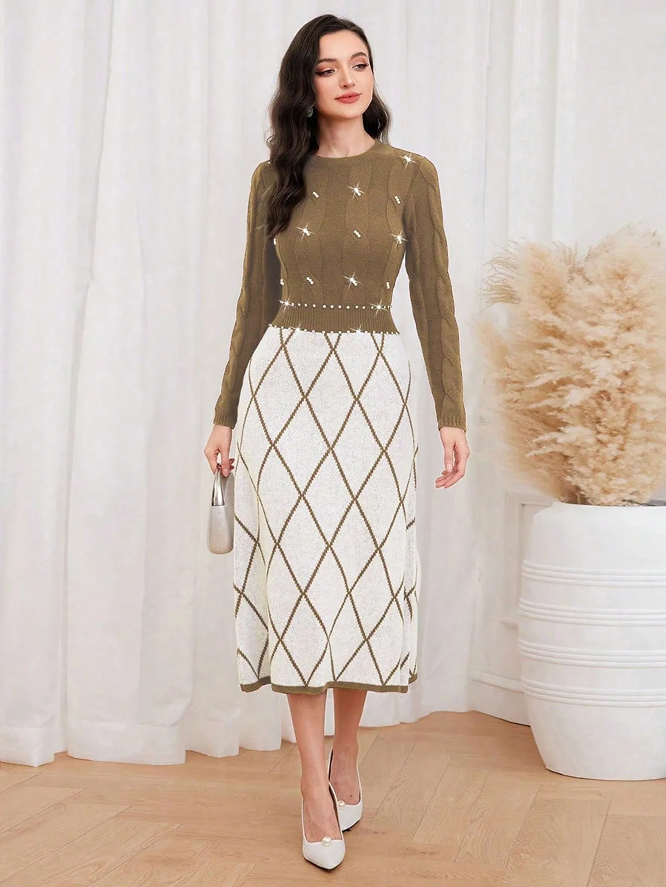 Modely Argyle Pattern Pearls Beaded Sweater Dress