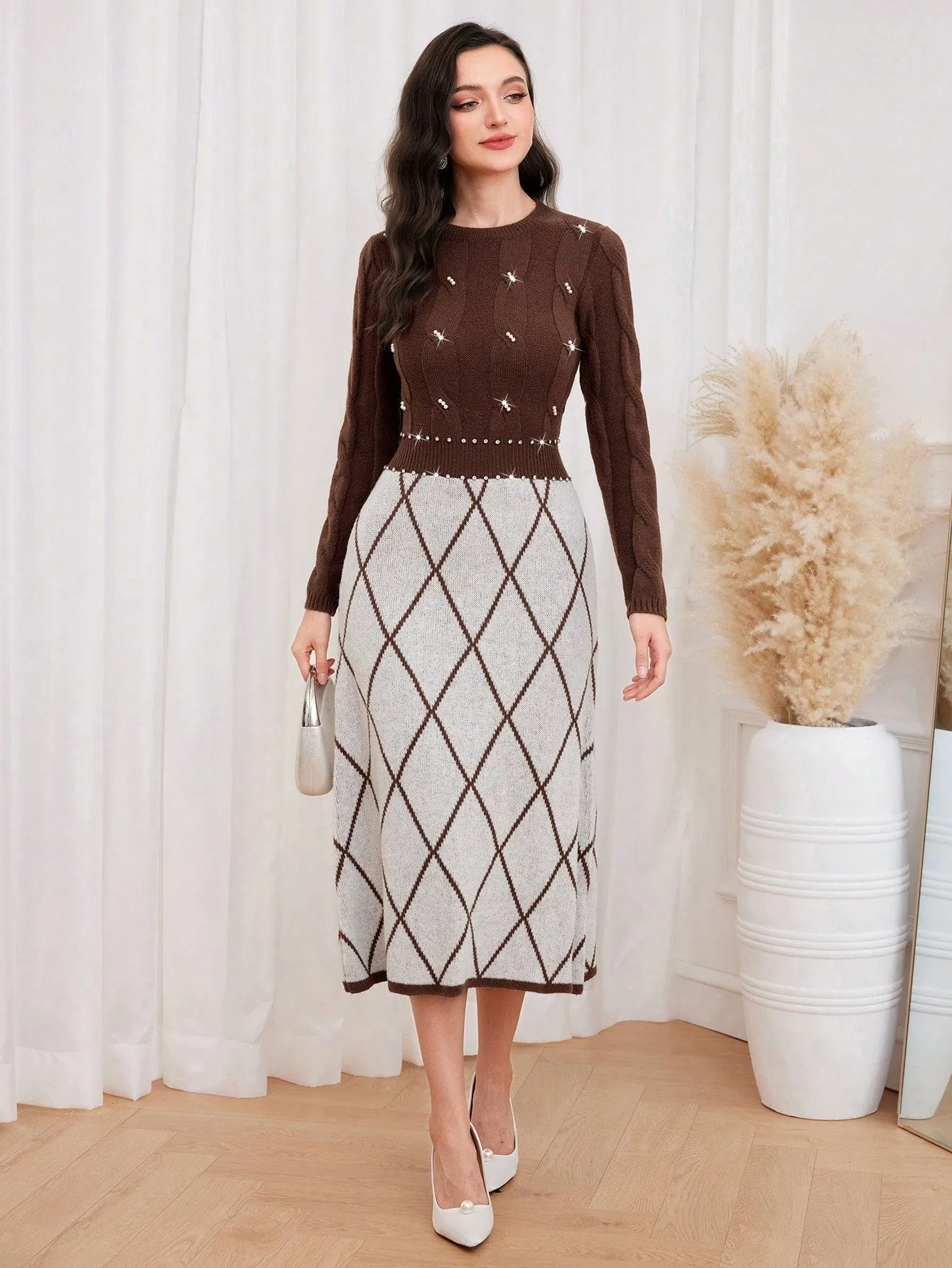 Modely Argyle Pattern Pearls Beaded Sweater Dress