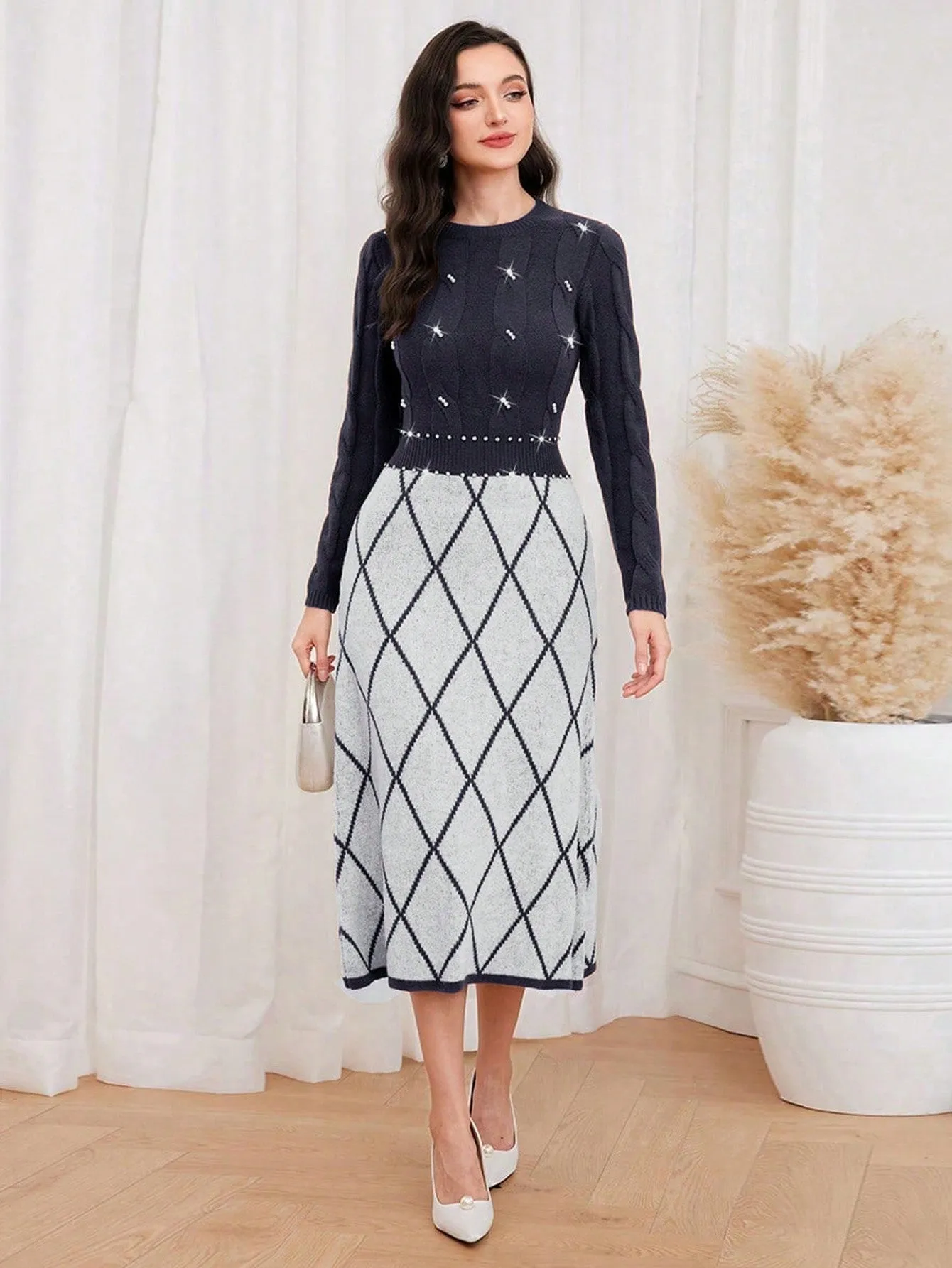 Modely Argyle Pattern Pearls Beaded Sweater Dress