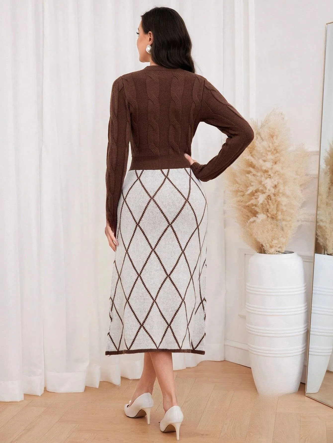 Modely Argyle Pattern Pearls Beaded Sweater Dress