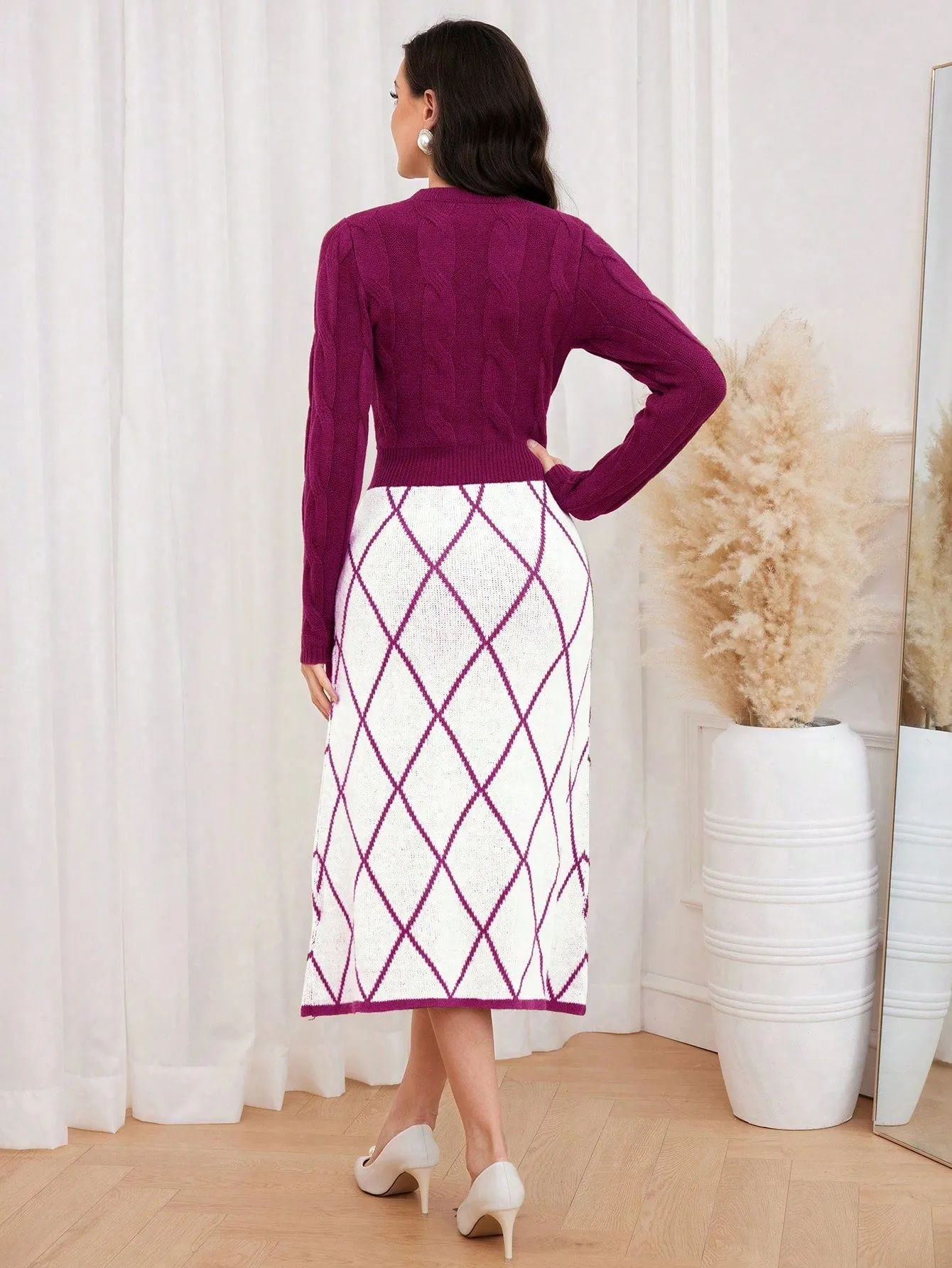 Modely Argyle Pattern Pearls Beaded Sweater Dress