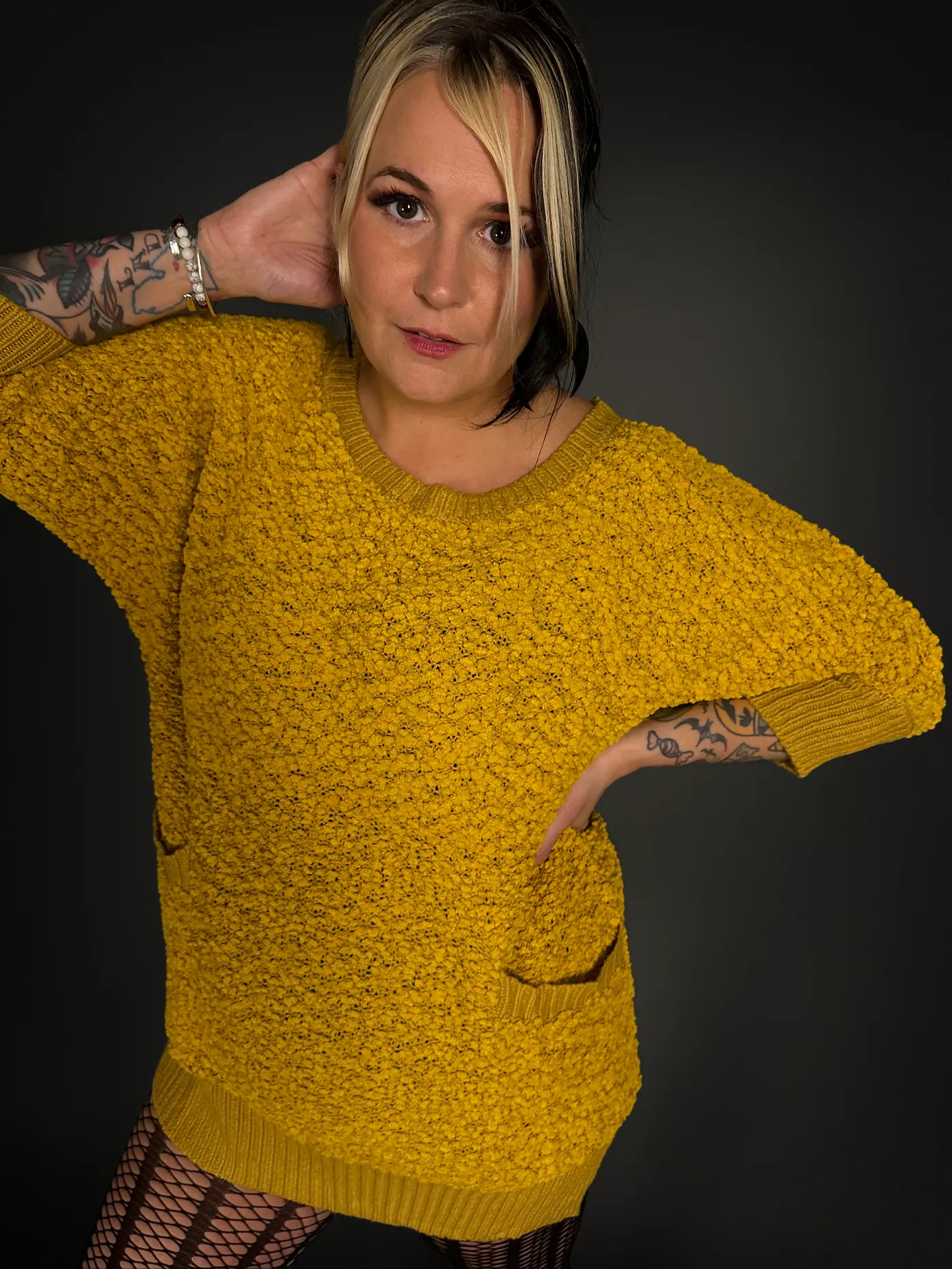 Outfit Set - Fuzzy Mustard Yellow Sweater Dress & Vertical Stripe Tights Indie / Mod Style