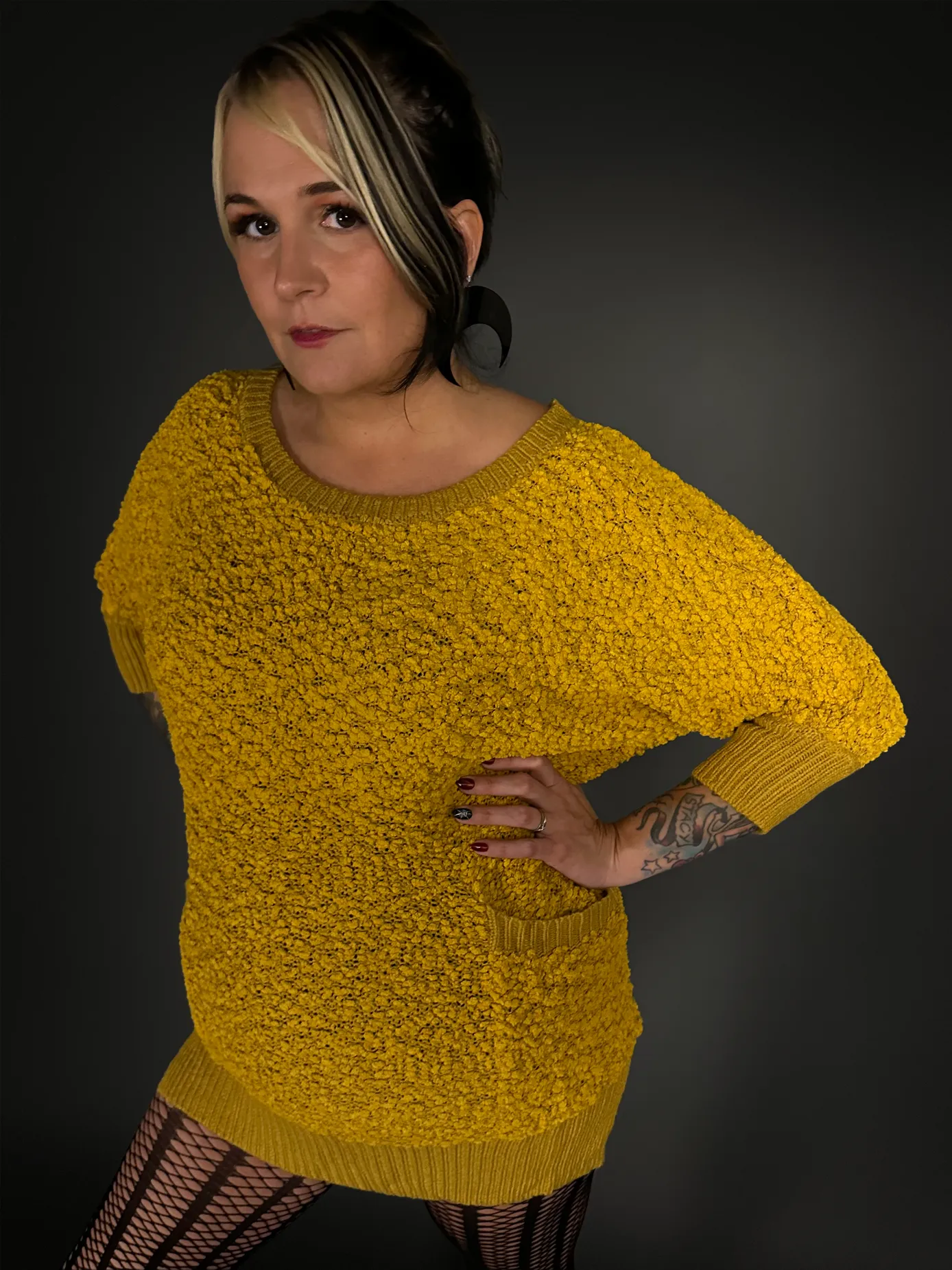 Outfit Set - Fuzzy Mustard Yellow Sweater Dress & Vertical Stripe Tights Indie / Mod Style