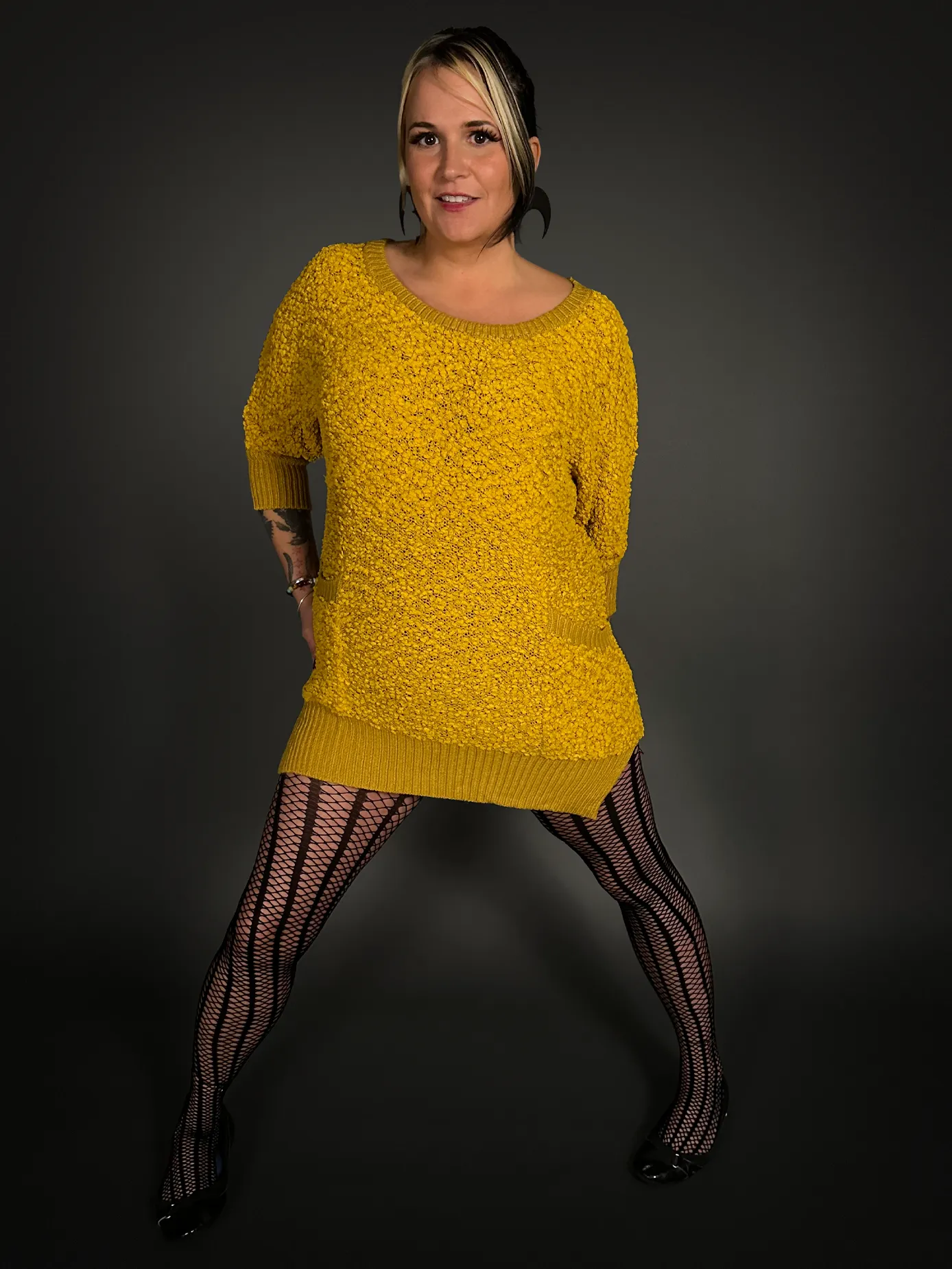 Outfit Set - Fuzzy Mustard Yellow Sweater Dress & Vertical Stripe Tights Indie / Mod Style