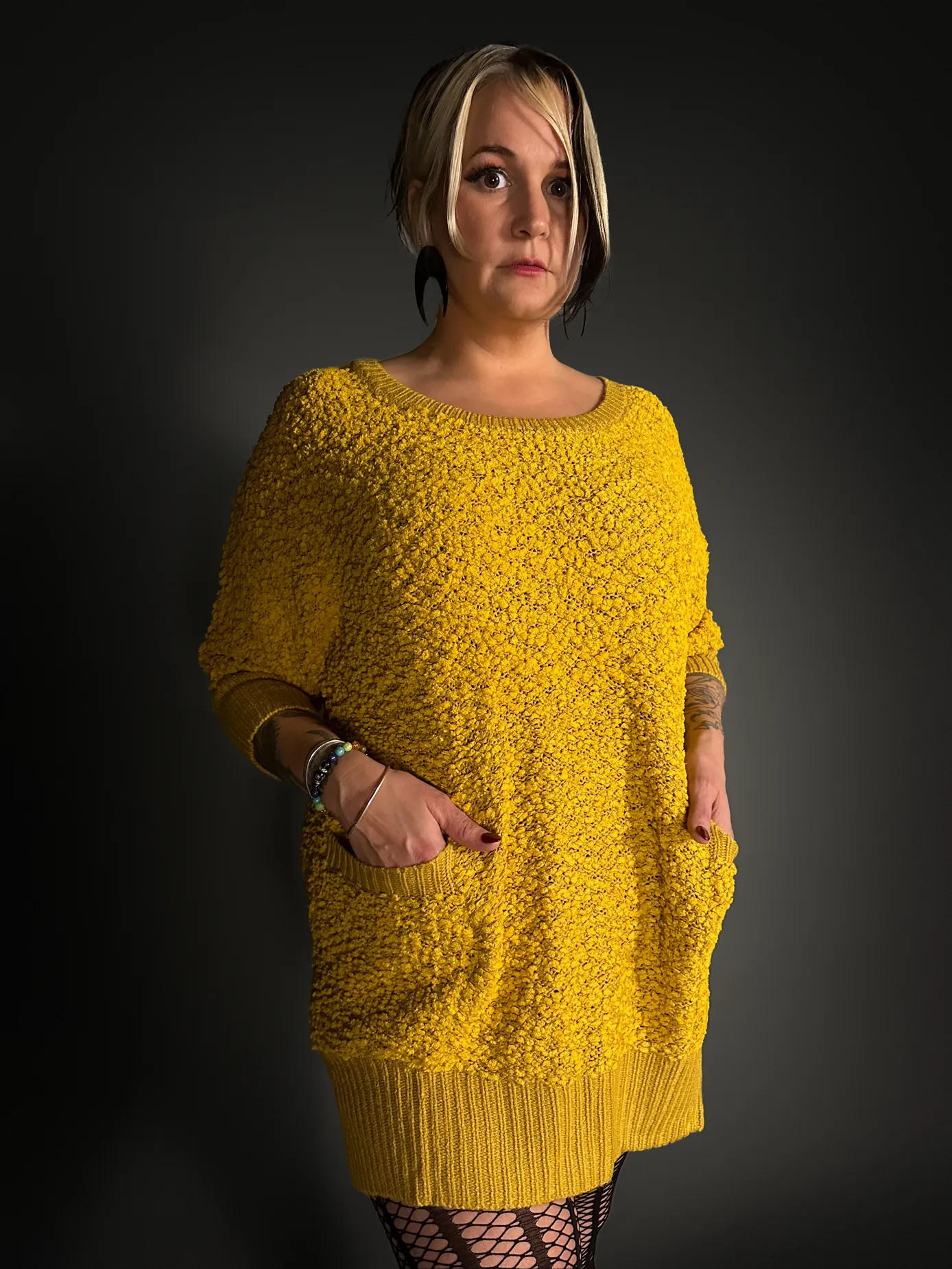 Outfit Set - Fuzzy Mustard Yellow Sweater Dress & Vertical Stripe Tights Indie / Mod Style