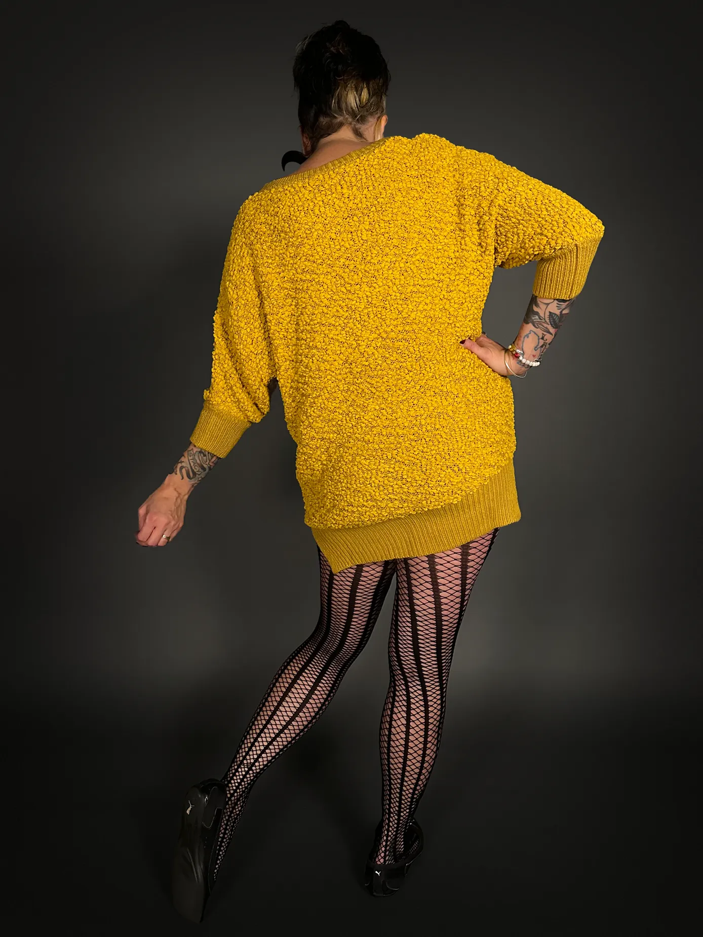 Outfit Set - Fuzzy Mustard Yellow Sweater Dress & Vertical Stripe Tights Indie / Mod Style
