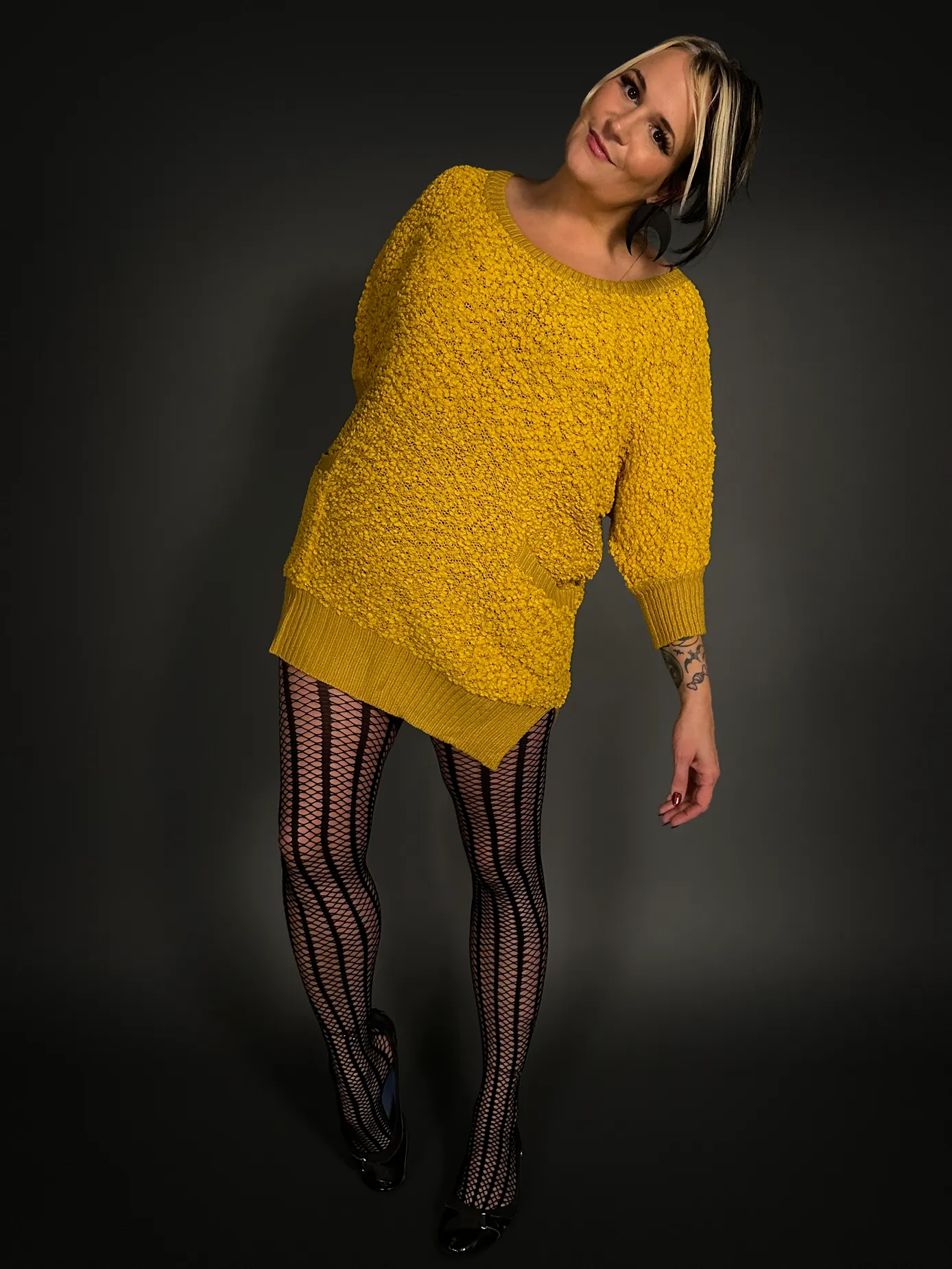 Outfit Set - Fuzzy Mustard Yellow Sweater Dress & Vertical Stripe Tights Indie / Mod Style