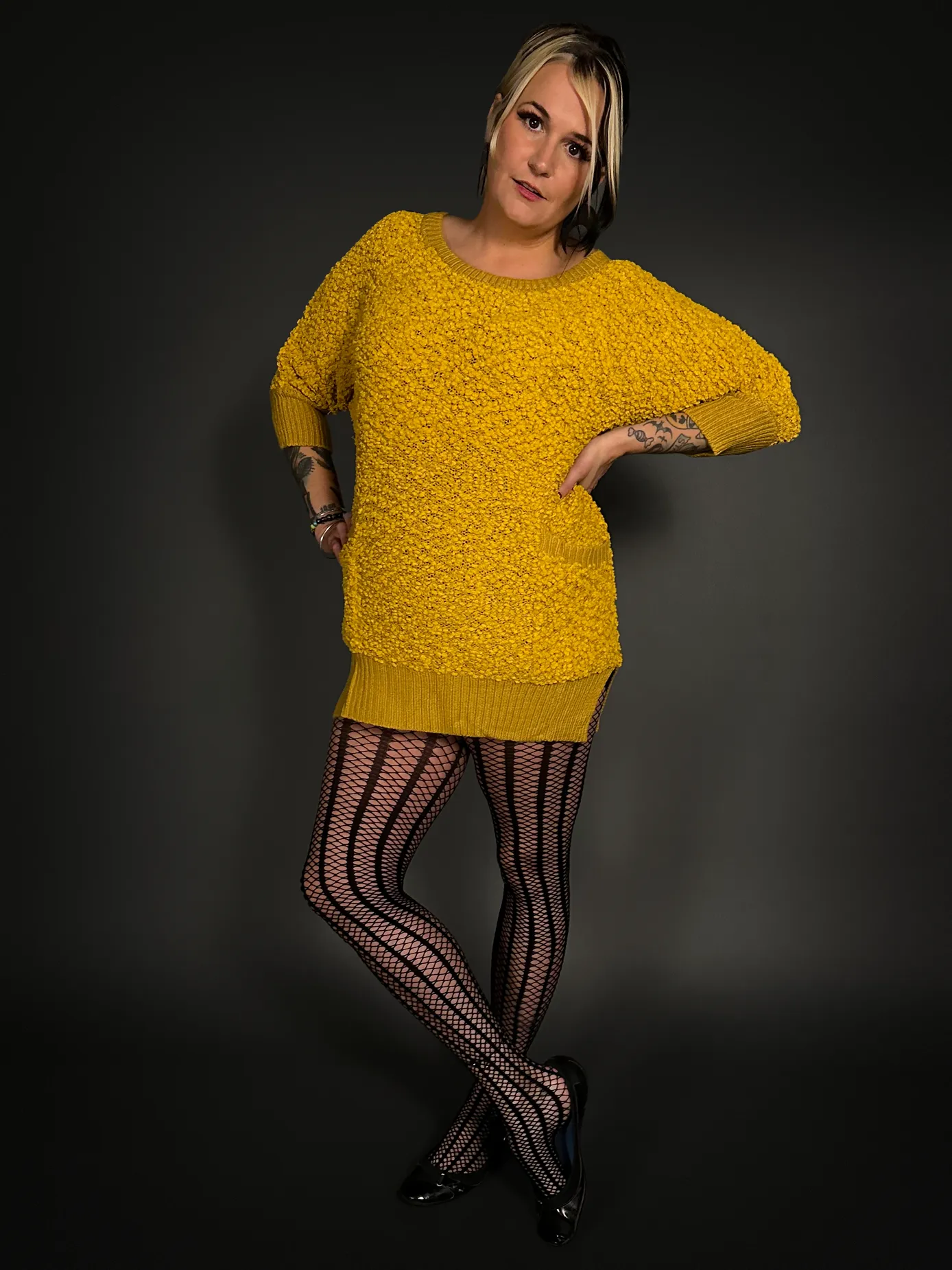 Outfit Set - Fuzzy Mustard Yellow Sweater Dress & Vertical Stripe Tights Indie / Mod Style