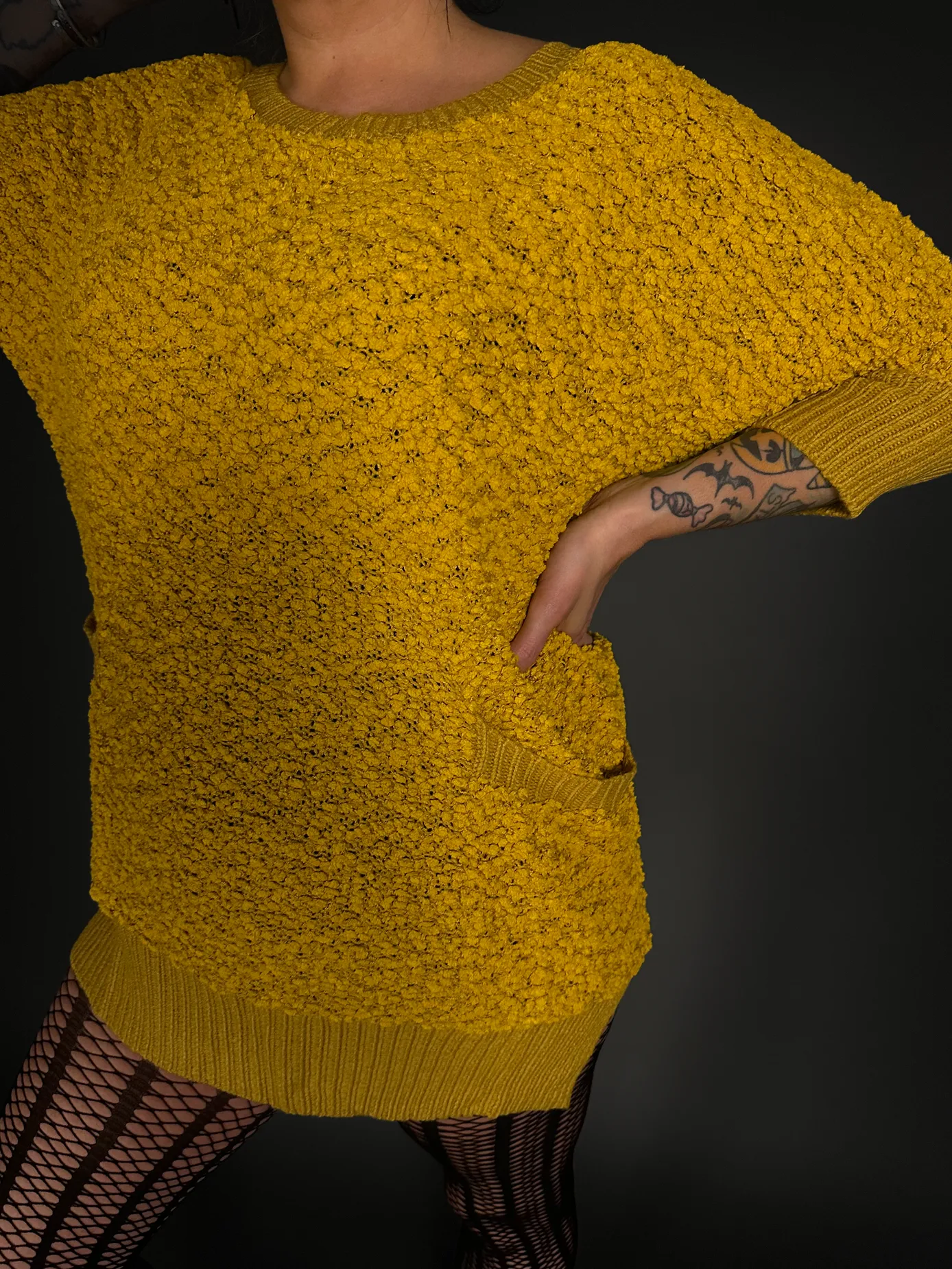 Outfit Set - Fuzzy Mustard Yellow Sweater Dress & Vertical Stripe Tights Indie / Mod Style