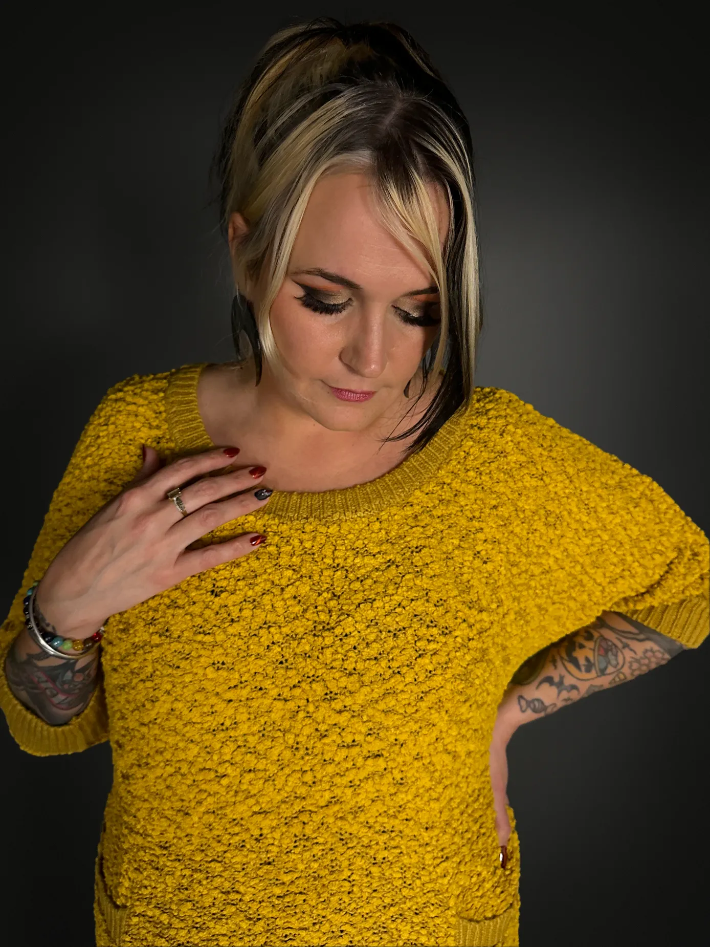 Outfit Set - Fuzzy Mustard Yellow Sweater Dress & Vertical Stripe Tights Indie / Mod Style