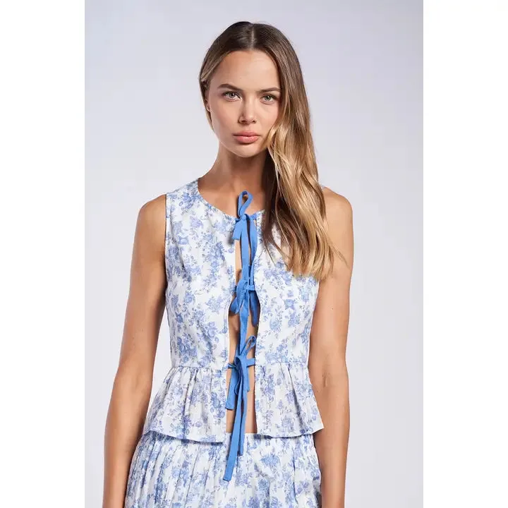 Pale Floral Print Tie Vest