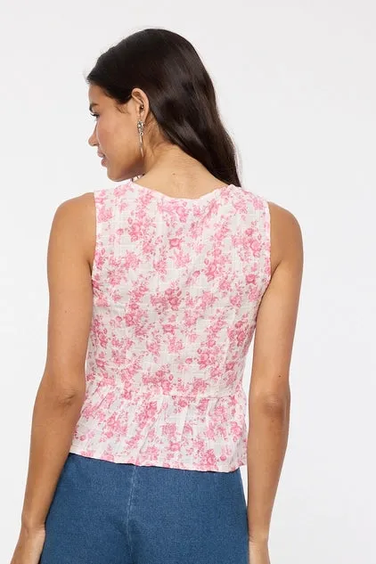 Pale Floral Print Tie Vest