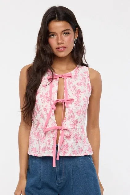 Pale Floral Print Tie Vest