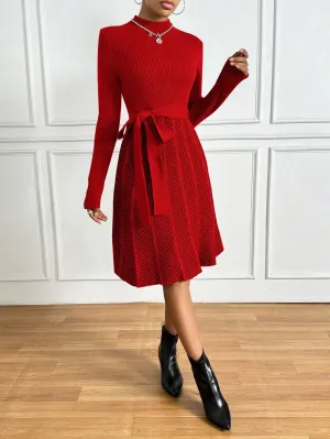Privé Colorblock Herringbone Pattern Stand Collar Ribbed Knit Sweater Dress