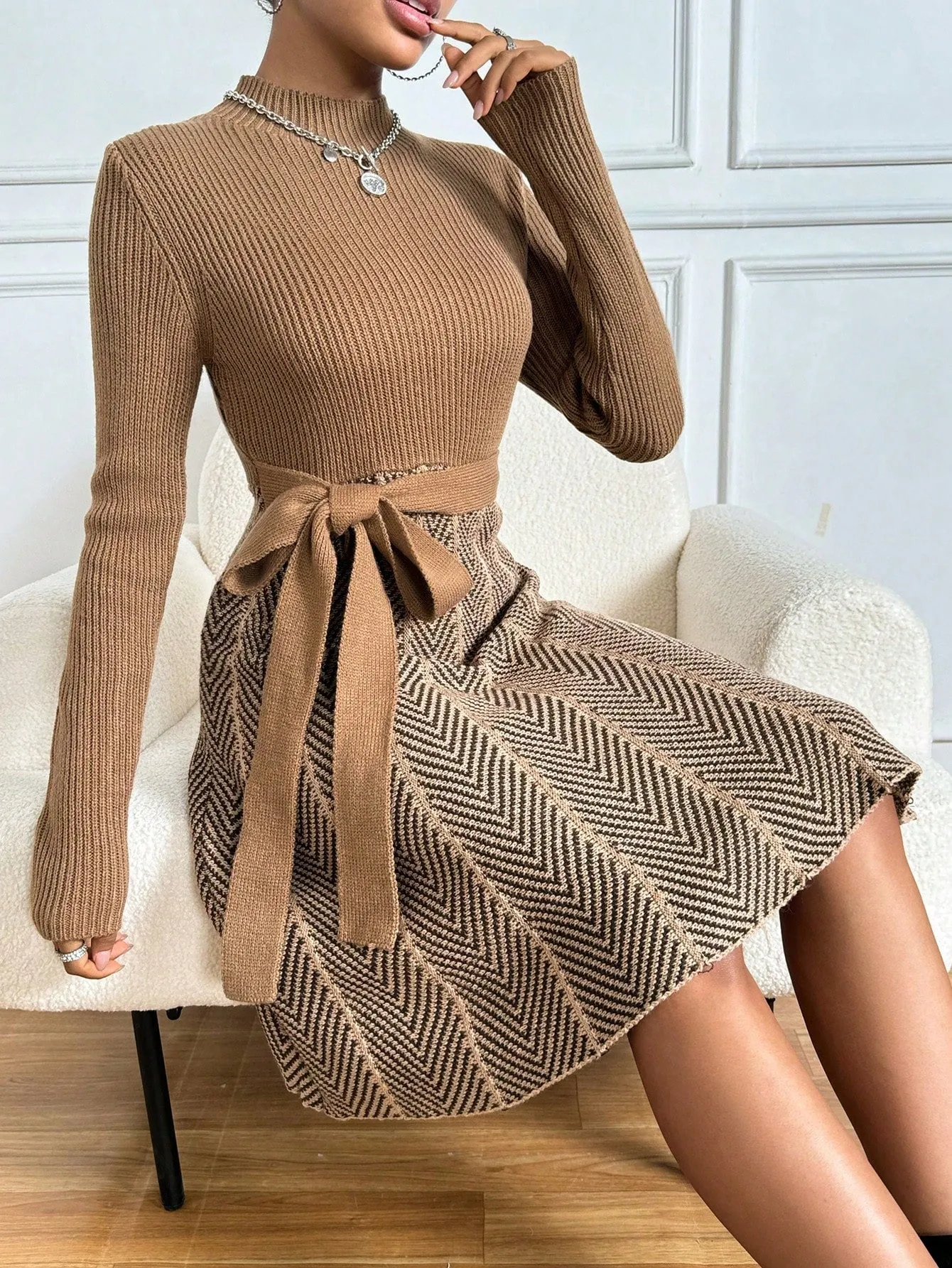 Privé Colorblock Herringbone Pattern Stand Collar Ribbed Knit Sweater Dress